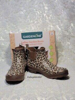 Gardenline Leopard Print Garden Waterproof Rain Boots Ankle Gardening Shoes NIB